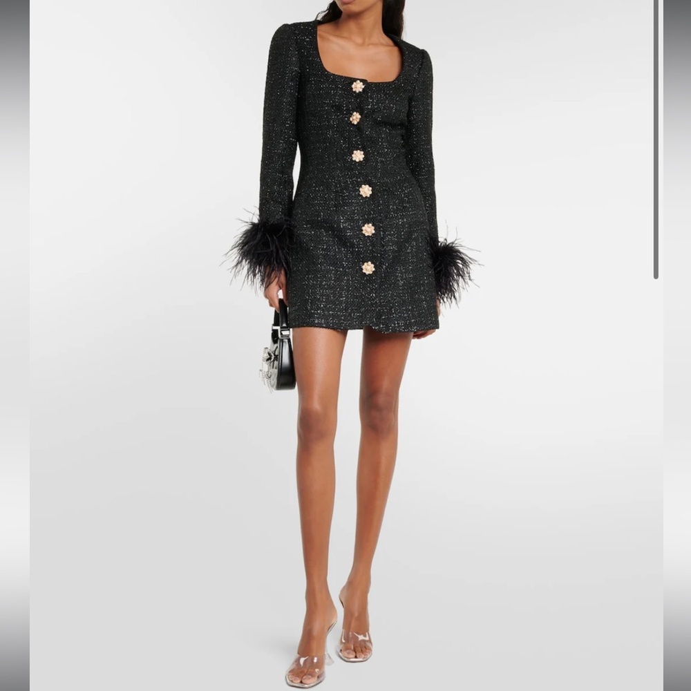 Black Tweed Coat with Feather Cuffs